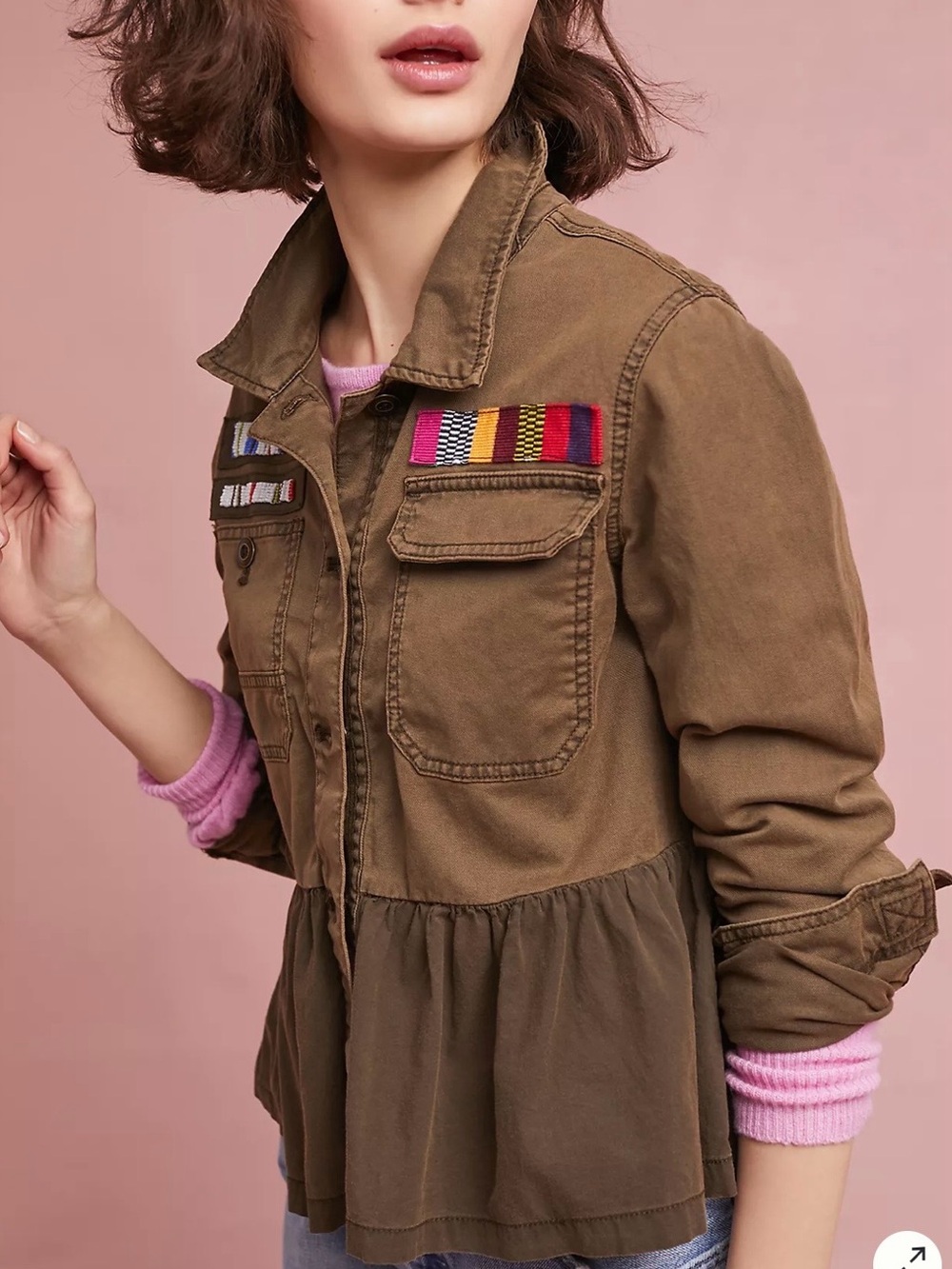 Anthropologie Olive Utility Peplum Jacket with Colorful Embroidered Tabs